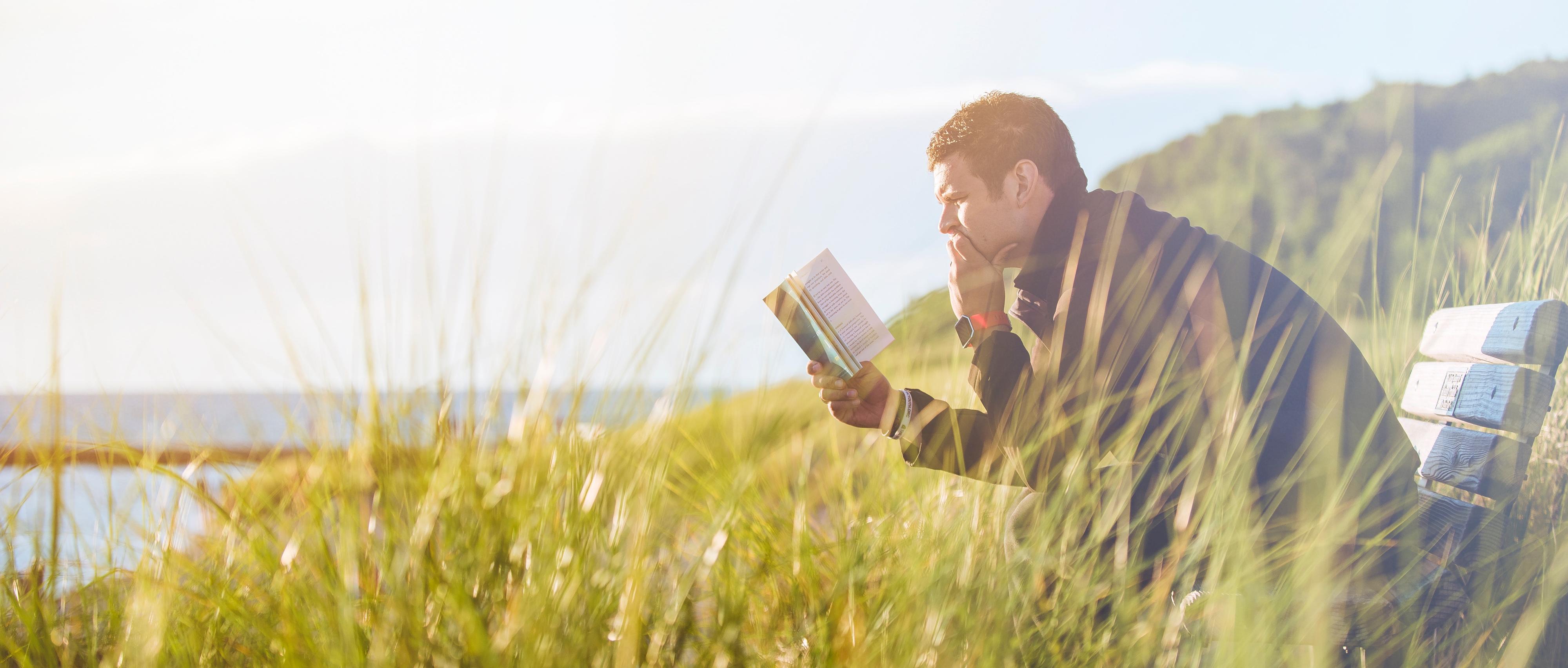 Man Reading on a Bench
