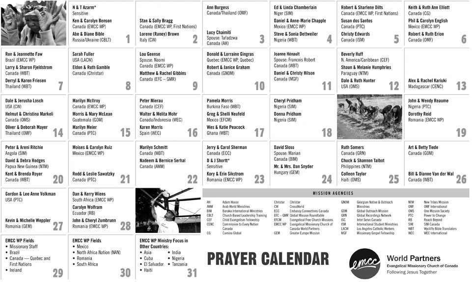 World Partners Prayer Calendar Evangelical Missionary Church of Canada